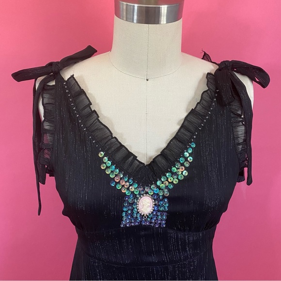 Vintage 90s/Y2K Vampire Coquette Ruffled Empire Waist Shimmery Tie Back Tank ~M - Picture 3 of 13